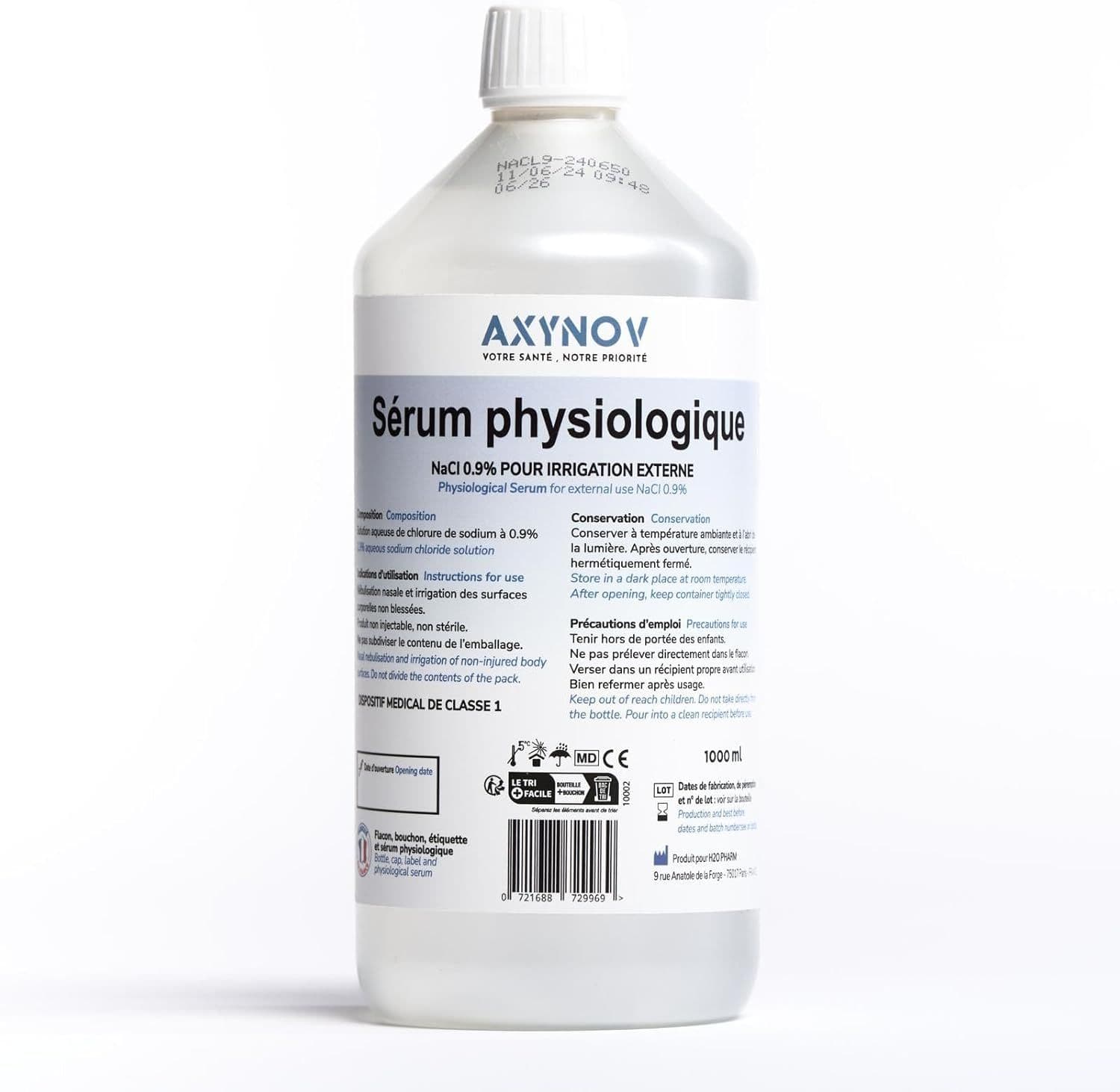 Axynov Physiologische Kochsalzlösung NaCl 0,9% - Isotonische Lösung (500 ml / 1 L)